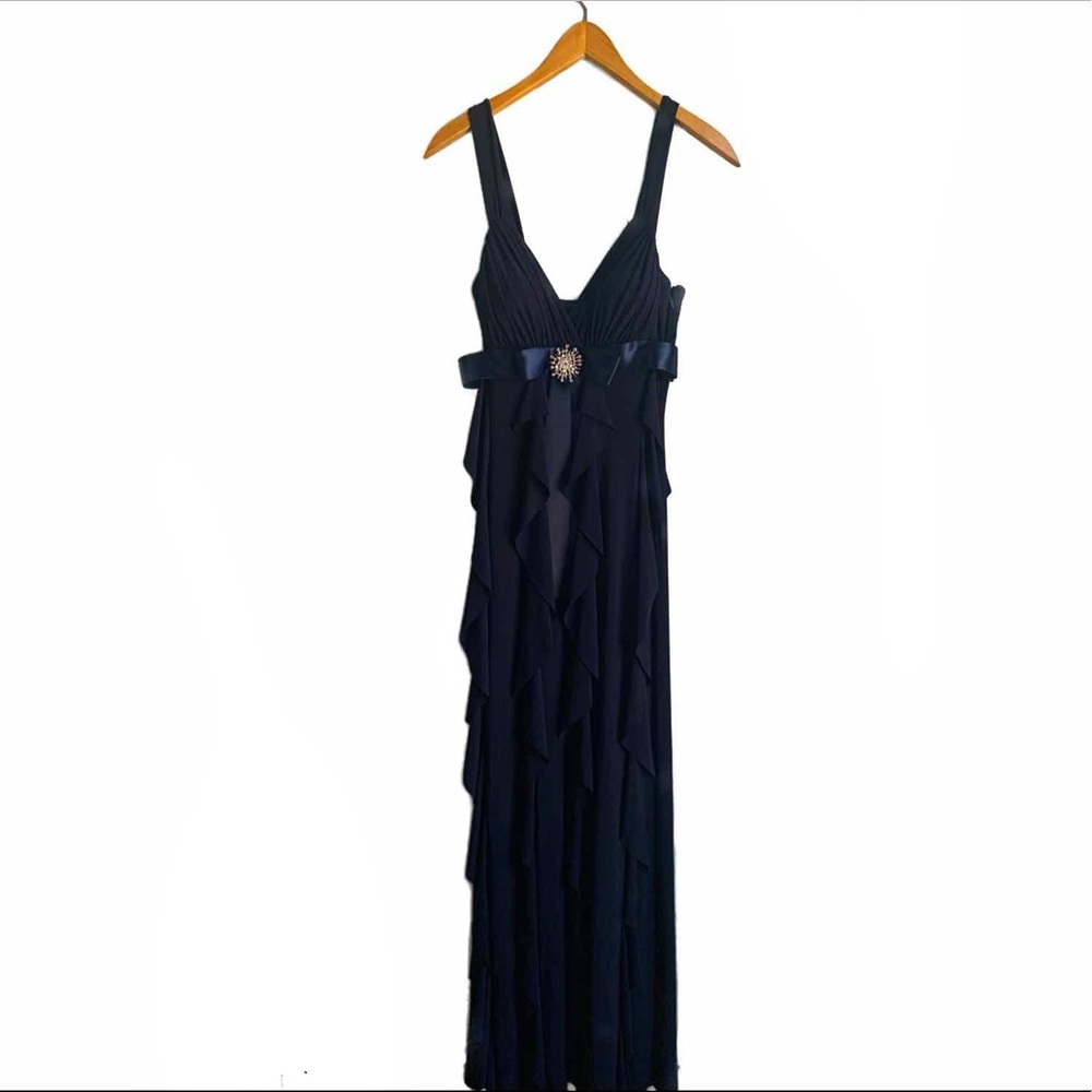 NWT Betsy and Adam navy waterfall evening dress